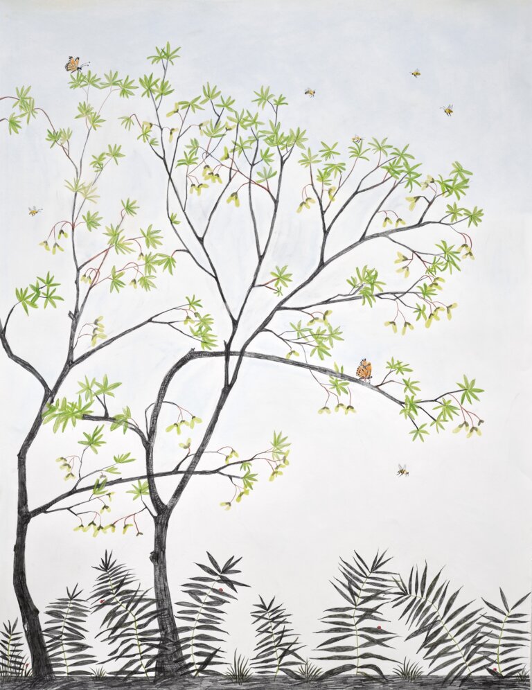 this drawing shows two tall trees swaying over a leafy ground, its branches filled with soft green leaves. bees and butterflies flutter on and around the trees. the scene feels quiet and breezy.