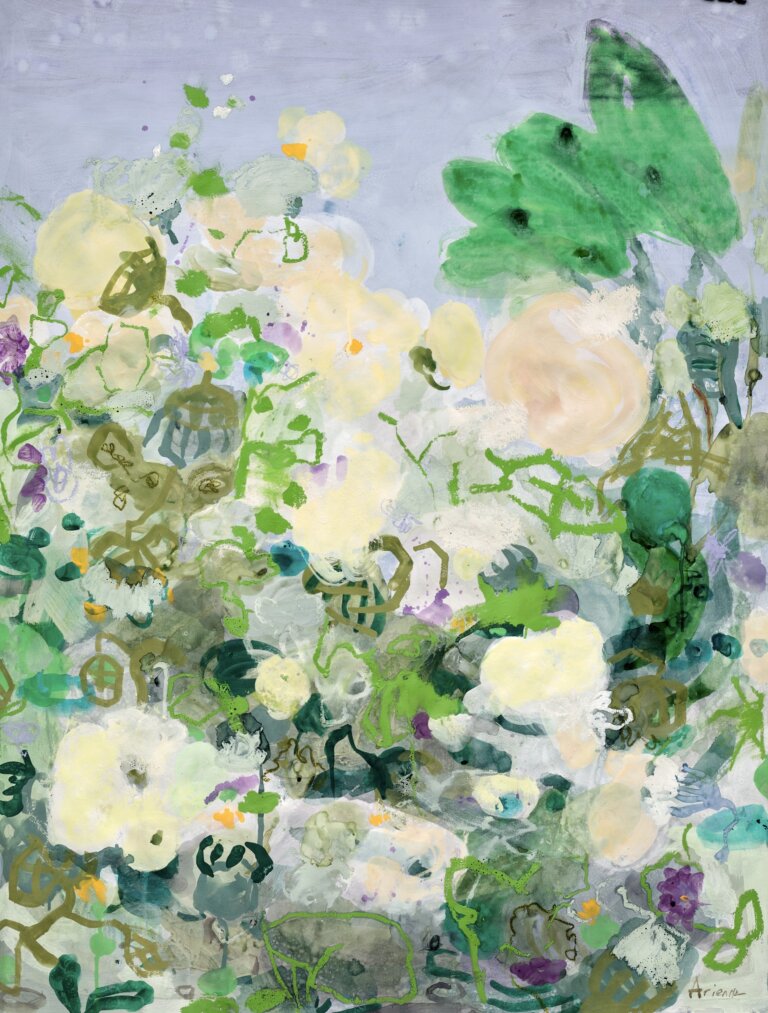 an abstract floral piece that has a tangle of flowers and leaves in shades of cream, olive, lime, emerald, and pale yellow. there are accents of goldenrod and magenta. there is a pale periwinkle colored background visible above the flower tangle that reads as a sky