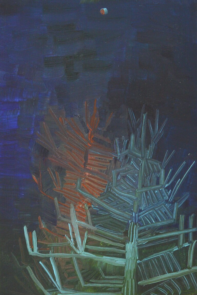 A pine tree stands against a deep blue night sky, its branches painted in cool green and glowing orange strokes. The bold, textured brushwork gives the tree a sense of movement and energy. A small, round moon or planet floats near the top of the canvas.