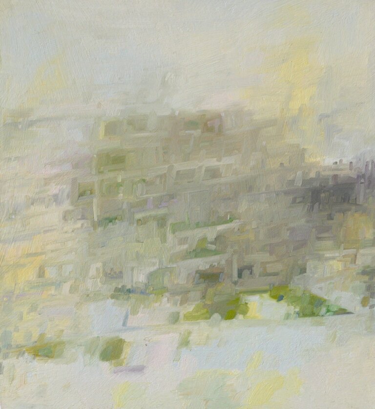 This painting features soft, blurry shapes in pale greens, yellows, and grays. The brushstrokes are loose and layered, creating a hazy, abstract landscape. The overall feeling is calm and gentle, with light tones and diffused edges.