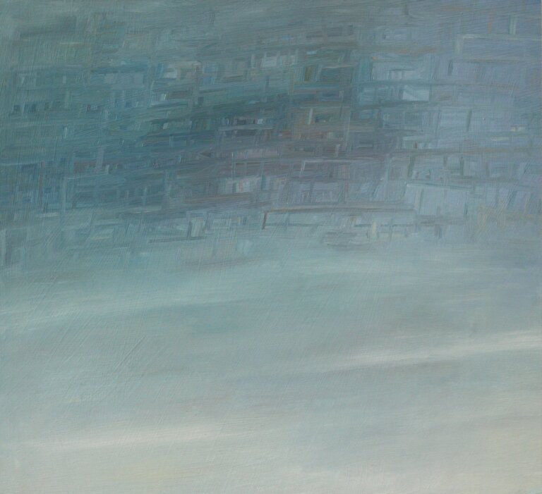 This painting features soft, blurry shapes in pale blue, soft greens, and grays. The brushstrokes are loose and layered, creating a hazy, abstract landscape. The overall feeling is calm and gentle, with light tones and diffused edges.