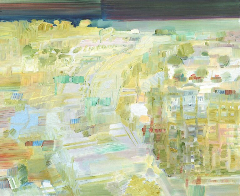 an abstract landscape in light green, yellow, and white with accents of mint, red, and blue. there is a thin strip of sky above the landscape in a deep shades of purple, green, and blue.