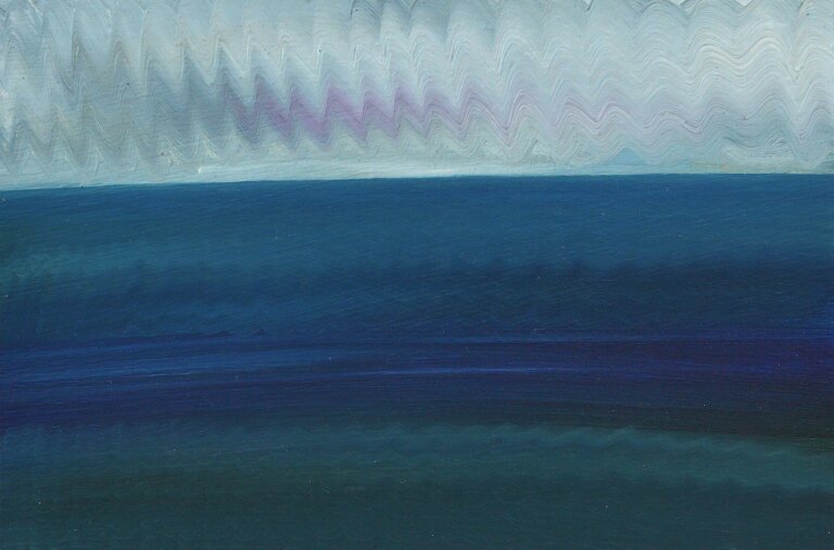 an abstract apinting that is divided in to two horizontal sections. the top is light blue iwth small waves of varying shades of blue and purple.