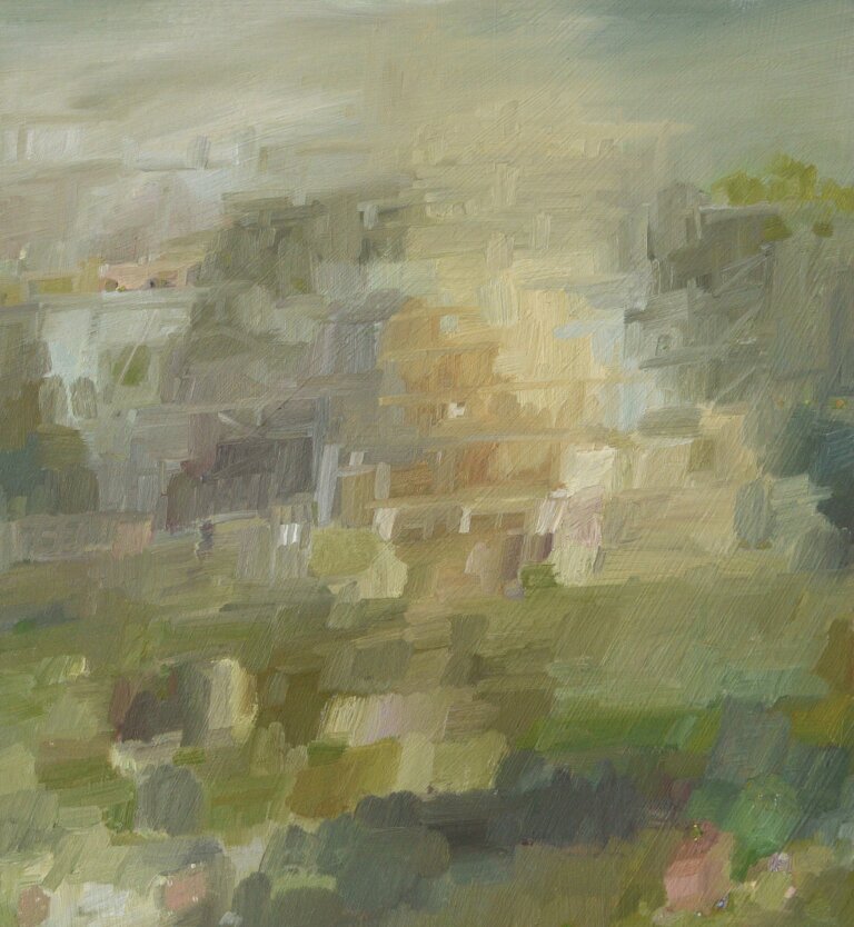 This painting features soft, blurry shapes in pale greens, yellows, and grays. The brushstrokes are loose and layered, creating a hazy, abstract landscape. The overall feeling is calm and gentle, with light tones and diffused edges.