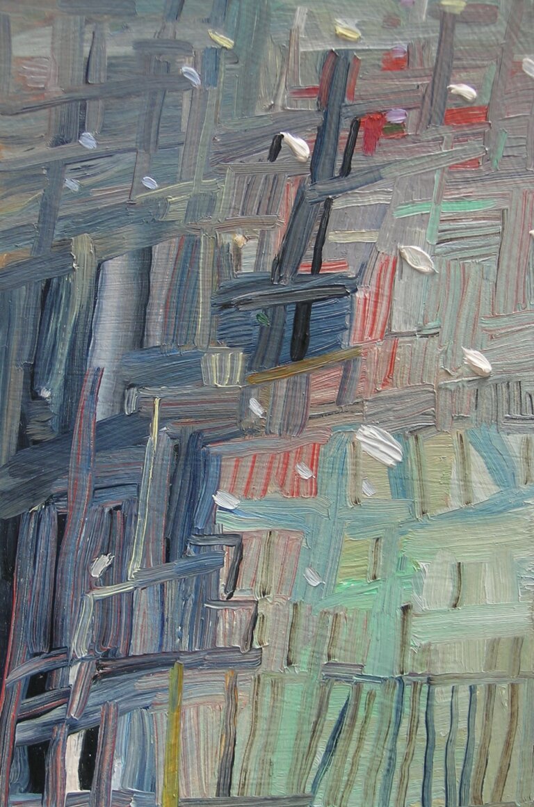 an abstract painting that has perpendicular lines in shades of light purple, mint, rose, dusty blue, mauve, and white. the lines are cross hatched and overlap and weave with one another. there are several white dots in the foreground that resemble snow.