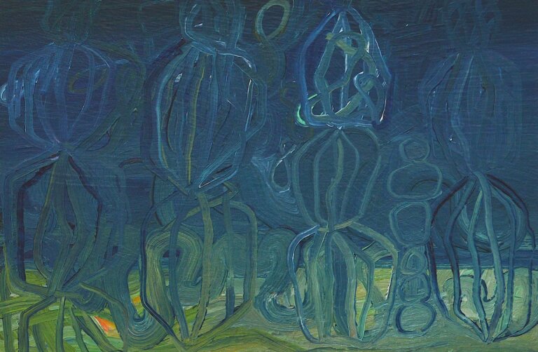 a hazy painting with a green strip at the bottom that resembles land, and a dark blue block above this that resembles night sky. there are loopy oval shapes on top of the implied landscape in lighter shades of the background colors.