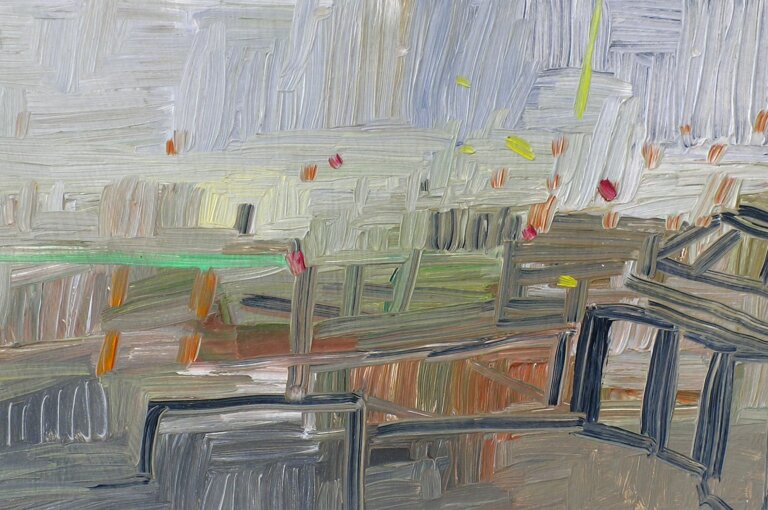 an abstract painting that has perpendicular lines in shades of light purple, mint, rose, periwinkle, mauve, dusty gray, light brown, and white. the lines are cross hatched and overlap and weave with one another. there are several red and yellow dots in the foreground that resemble lights.