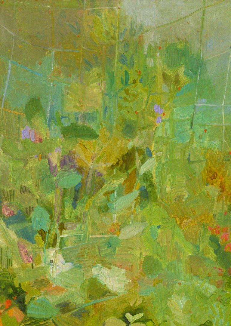 this painting shows an abstract garden scene made up of textured brushstrokes in greens, yellows, and soft purples. the shapes suggest leaves and stems overlapping in sunlight, like looking through dense foliage. bright specks of red and lilac peek through to add small bursts of color. there are vague leafy shapes scattered throughout.