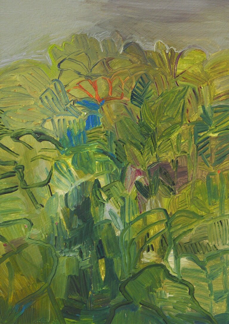 this painting shows an abstract garden scene made up of textured brushstrokes in greens, yellows, and soft purples. the shapes suggest leaves and stems overlapping in sunlight, like looking through dense foliage. bright specks of red and lilac peek through to add small bursts of color. there are vague leafy shapes scattered throughout.