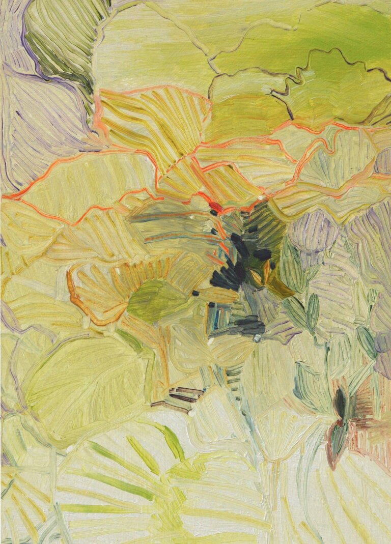 this painting shows an abstract garden scene made up of textured brushstrokes in greens, yellows, and soft purples. the shapes suggest leaves and stems overlapping in sunlight, like looking through dense foliage. bright specks of red and lilac peek through to add small bursts of color. there are vague leafy shapes scattered throughout.