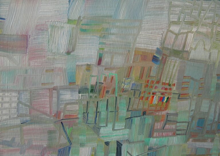 an abstract painting that has perpendicular lines in shades of light purple, mint, rose, dusty blue, mauve, and white. the lines are cross hatched and overlap and weave with one another.