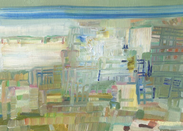 an abstract painting that has perpendicular lines in shades of light purple, mint, rose, dusty blue, mauve, and white. the lines are cross hatched and overlap and weave with one another. there is a stripe of blue at the top that resembles a sky in a very abstract way