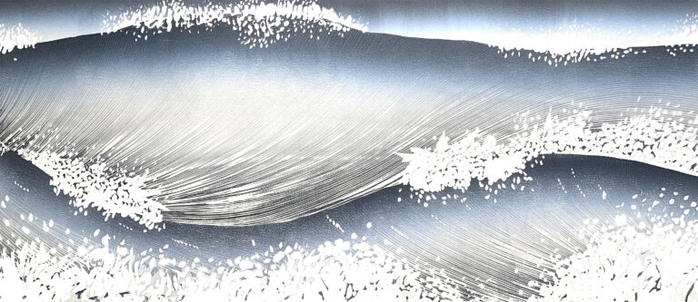 a woodblock print of waves and whitecaps cresting in the ocean. the waves are made of a gradient of payne's gray to black. the sky is a gradient of gray to white