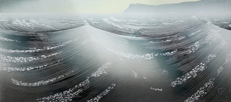 a woodblock print of waves and whitecaps cresting in the ocean. the waves are made of a gradient of payne's gray to aqua. the sky is a gradient of pale green