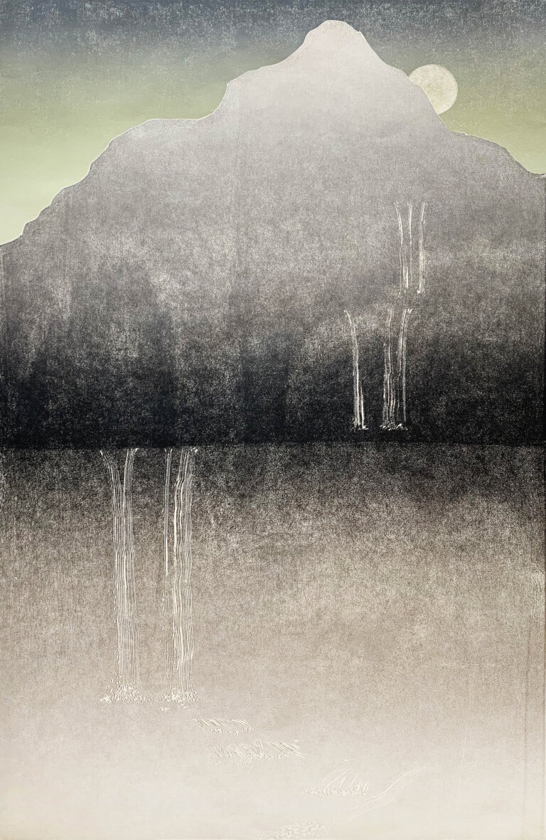 a woodblock print of landscape. there is a waterfall on a mountain, and another waterfall cascades down below it to the left. the sky above is a gradient of gray to yellow green, with a light yellow full moon or sun peaking around the mountain. the mountain and land below it are a gradient of gray brown and black