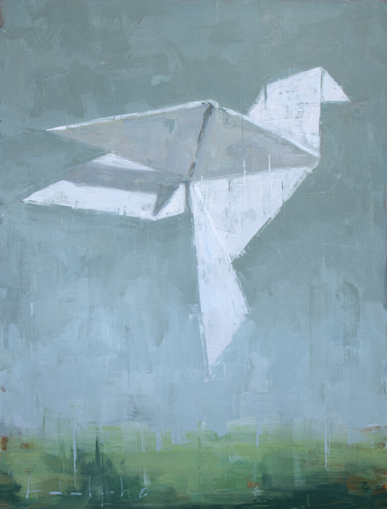 an abstract landscape with a pale blue gray sky above a lush emerald ground. there is a bird shape floating in the center of the sky that looks like it is created with folded paper