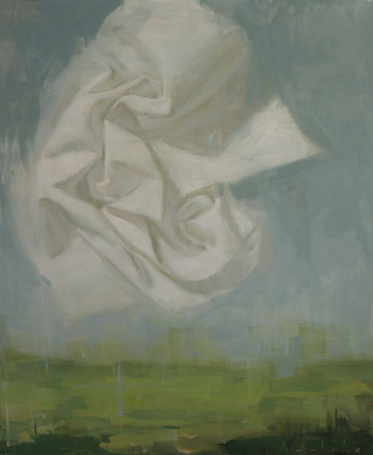 an abstract landscape with a soft blue green sky above a lush green ground. there is a white shape floating in the center of the sky that looks like it is created with folded, crumpled paper