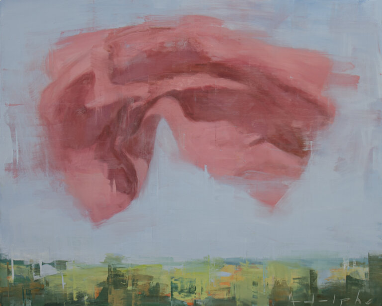 an abstract landscape with a soft blue sky above a green ground accented with dark green and orange colored shrubbery. there is a pink and red shape floating in the center of the sky that looks like it is created with folded, crumpled paper
