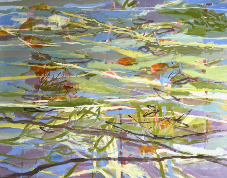 an abstract art piece with many botanical elements layered on top of one another in shades of grass green, olive, orange, lilac, mint, blue, and burgundy