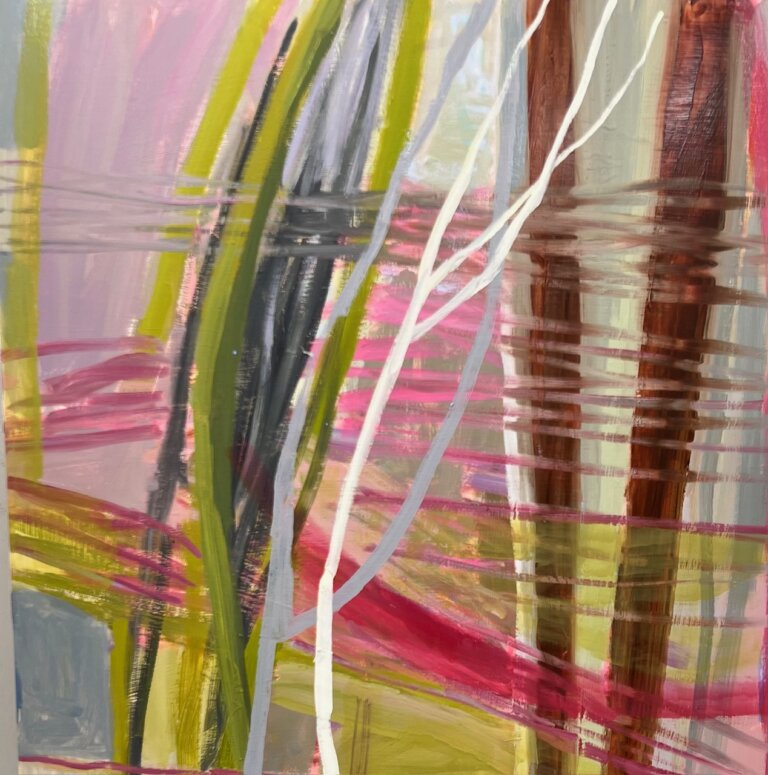 an abstract painting with overlapping vertical and horizontal lines in shades of green, mauve, burgundy, gray, white, and indigo