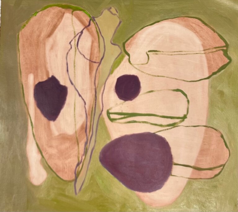 an abstract layered painting of two peach colored oyster shells on a lime green background. there are three roughly round magenta shapes in the foreground that resemble pearls. there are thin green lines that outline shells superimposed on the two peach colored oyster shells