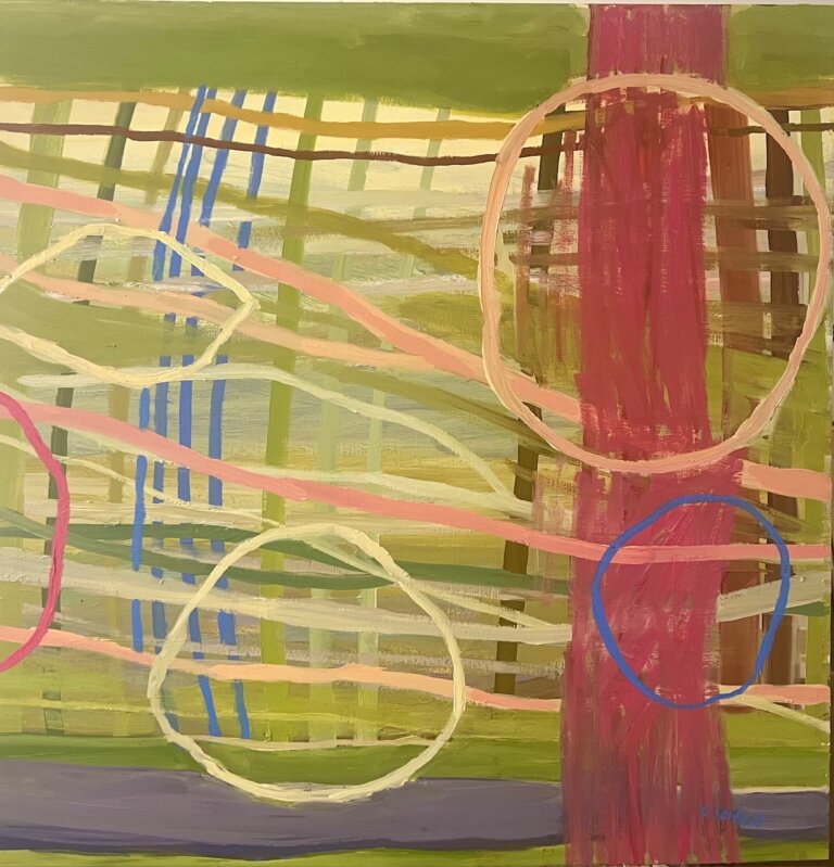 an abstract art piece with vertical and horizontal stripes in shades of raspberry, bubblegum pink, lime green, cobalt blue, peach, pale yellow, ochre, and dusty purple. there are a few large circle outlines overlaid on the stripes.