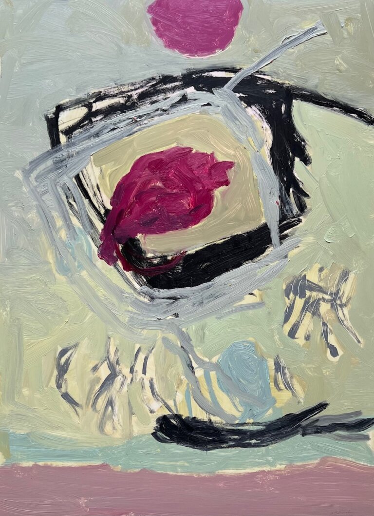 an abstract layered painting with vaguely oceanic themes. the background is pale sage and mint green. there is a rounded square shape in periwinkle with a