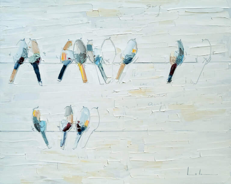 an abstract painting in thick white oil paint with two wires holding several birds and outlines of birds painted in varying shades of pale blue, goldenrod, and deep turquoise with accents of maroon. the artist has used graphite to add detail. the paint is applies with a palette knife, allowing for ridges and lines in the paint that add deep texture to the artwork.