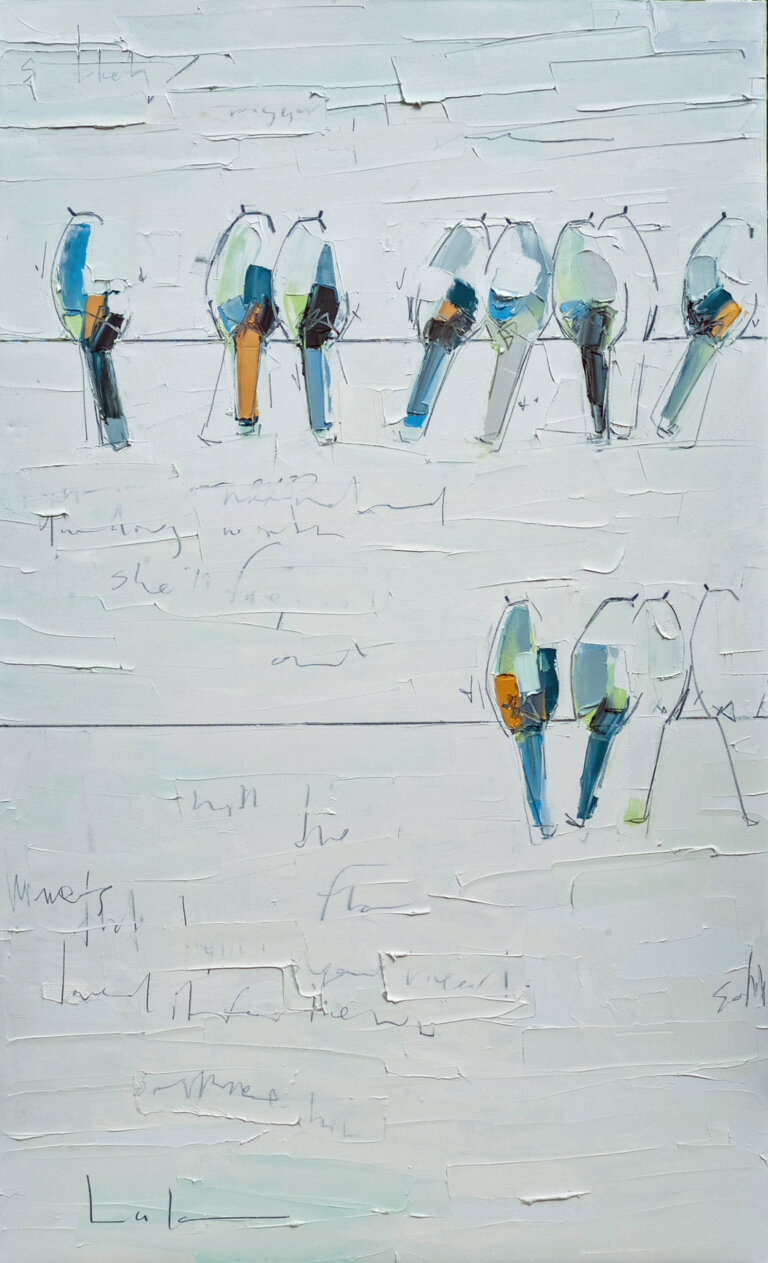 an abstract painting in thick white oil paint with two wires holding several birds and outlines of birds painted in varying shades of pale blue, goldenrod, and deep turquoise with accents of maroon. the artist has used graphite to add detail. the paint is applies with a palette knife, allowing for ridges and lines in the paint that add deep texture to the artwork.