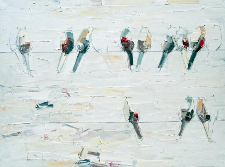 an abstract painting in thick white oil paint with two wires holding several birds and outlines of birds painted in varying shades of pale blue, goldenrod, and deep turquoise with accents of maroon. the artist has used graphite to add detail. the paint is applies with a palette knife, allowing for ridges and lines in the paint that add deep texture to the artwork.