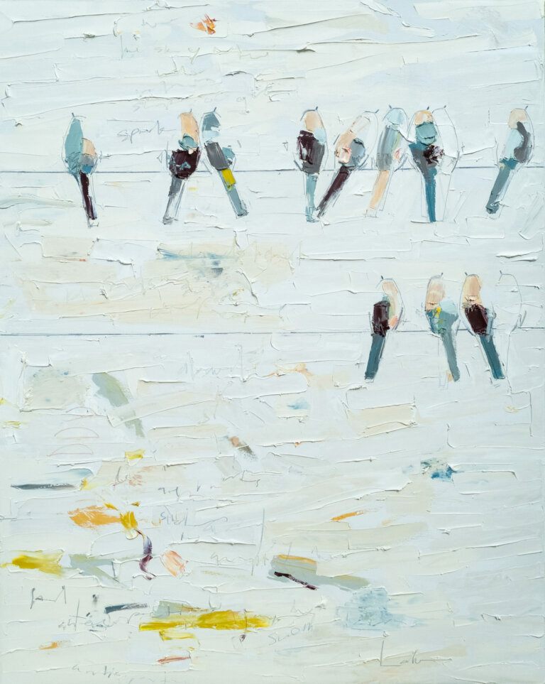 an abstract painting in thick white oil paint with two wires holding several birds and outlines of birds painted in varying shades of pale blue, goldenrod, and deep turquoise with accents of maroon. the artist has used graphite to add detail. the paint is applies with a palette knife, allowing for ridges and lines in the paint that add deep texture to the artwork.
