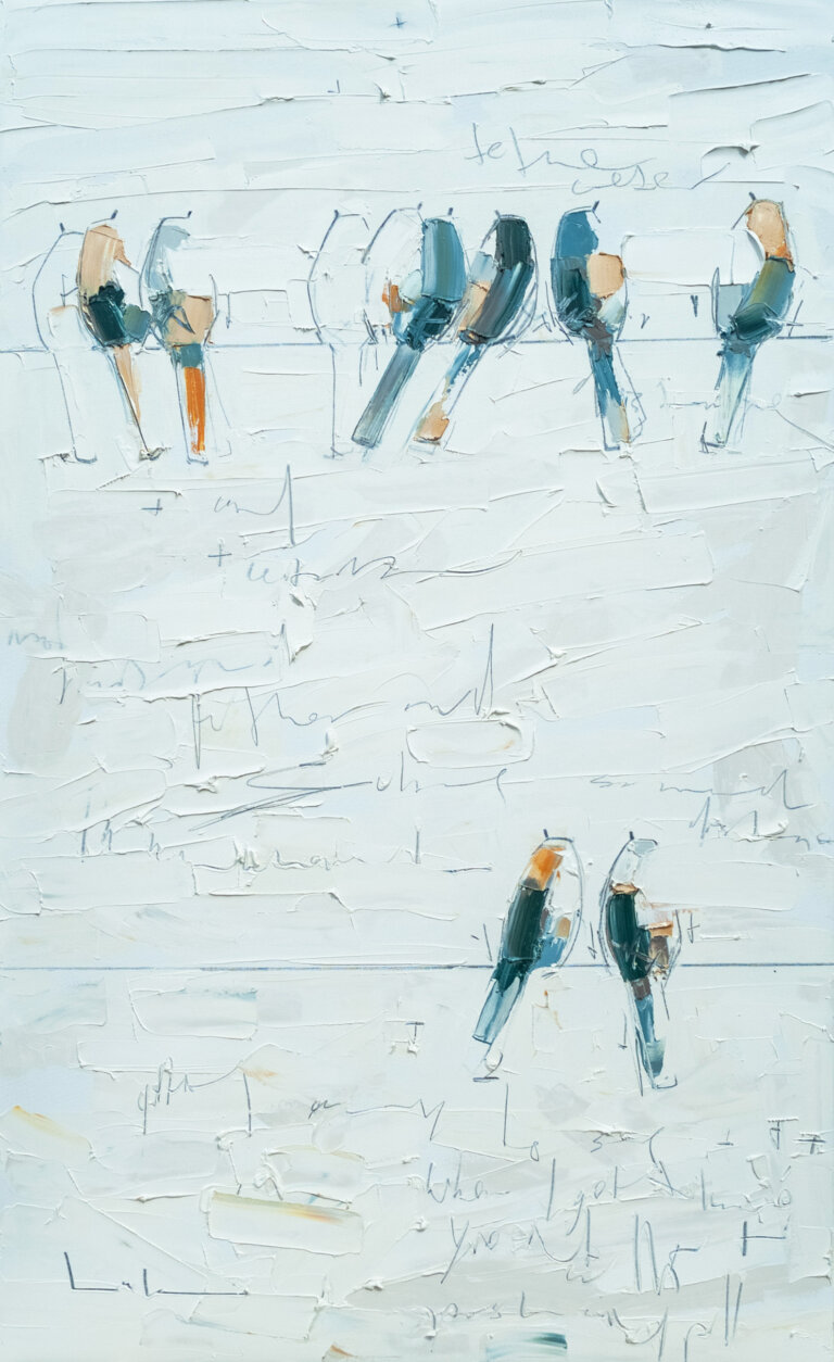 an abstract painting in thick white oil paint with two wires holding several birds and outlines of birds painted in varying shades of pale blue, goldenrod, and deep turquoise with accents of maroon. the artist has used graphite to add detail. the paint is applies with a palette knife, allowing for ridges and lines in the paint that add deep texture to the artwork.