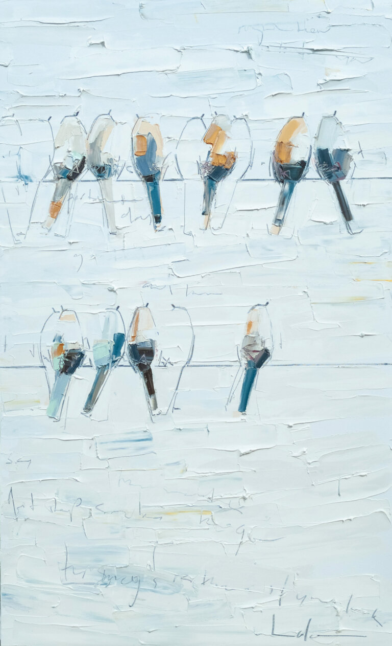 an abstract painting in thick white oil paint with two wires holding several birds and outlines of birds painted in varying shades of pale blue, goldenrod, and deep turquoise with accents of maroon. the artist has used graphite to add detail. the paint is applies with a palette knife, allowing for ridges and lines in the paint that add deep texture to the artwork.