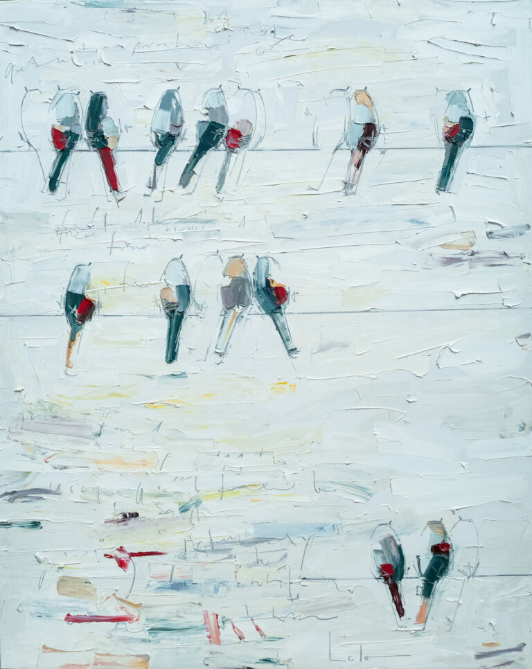 an abstract painting in thick white oil paint with three wires holding several birds and outlines of birds painted in varying shades of pale blue, goldenrod, and deep turquoise with accents of maroon. the artist has used graphite to add detail. the paint is applies with a palette knife, allowing for ridges and lines in the paint that add deep texture to the artwork.