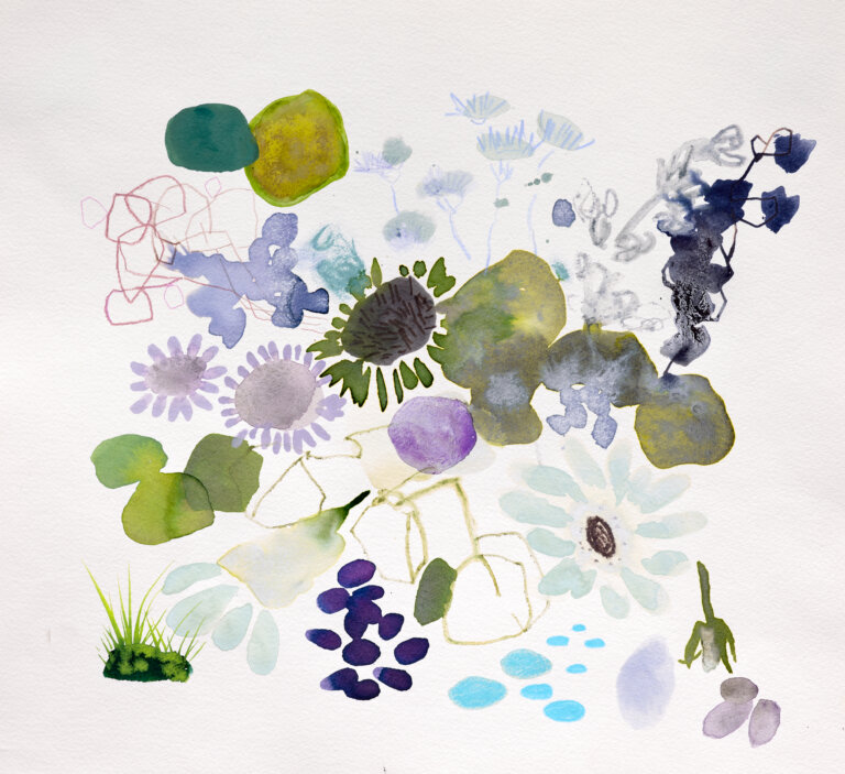 an abstract floral piece that has floral and botanical elements scattered on a white background.. there are purple and blue flowers and green leaves and shapes painted in watercolor and drawn in pencil