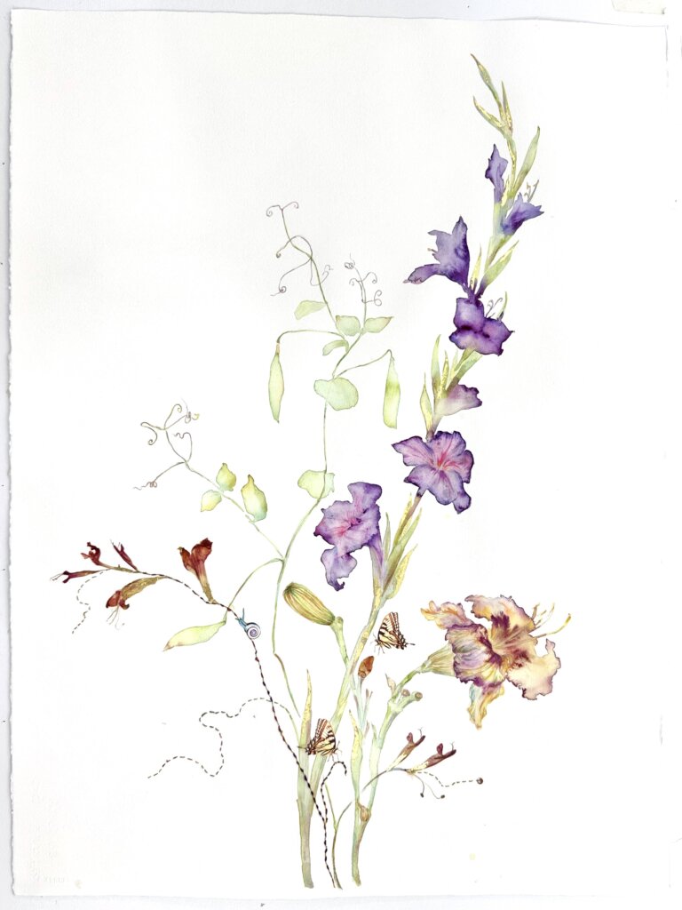 an abstract floral watercolor with collage elements featuring several blooms on a few stems. there are dried floral elements and stitching that accent this piece and take it from a delicate botanical to a moving abstraction of nature.