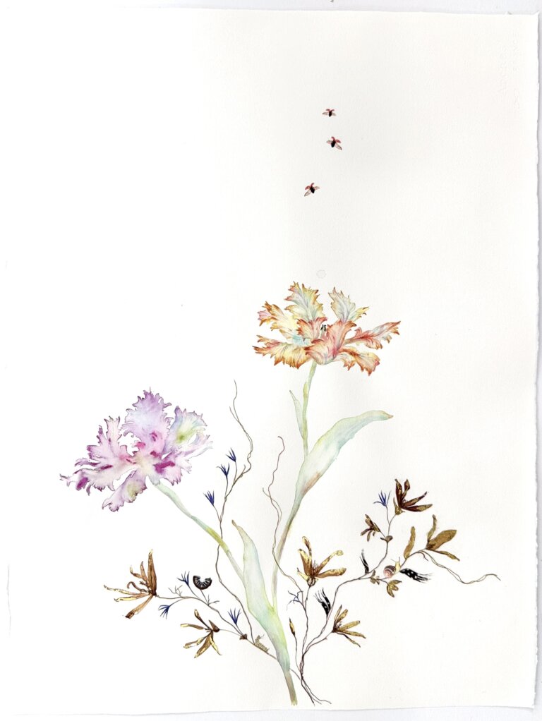 an abstract floral watercolor with collage elements featuring several blooms on a single stem. there are dried floral elements and stitching that accent this piece and take it from a delicate botanical to a moving abstraction of nature.
