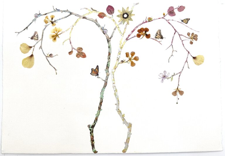 an abstract floral watercolor with collage elements featuring several blooms on two mirrored branches. the branch on the right has gold leafing. there are dried floral elements and stitching that accent this piece and take it from a delicate botanical to a moving abstraction of nature.