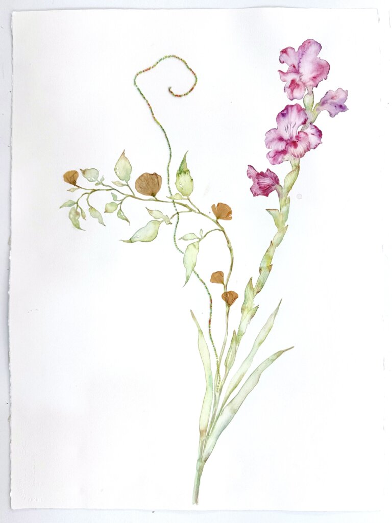 an abstract floral watercolor with collage elements featuring several blooms on a single stem. there are dried floral elements and stitching that accent this piece and take it from a delicate botanical to a moving abstraction of nature. there is a thin curving line of seed beads that curls upwards