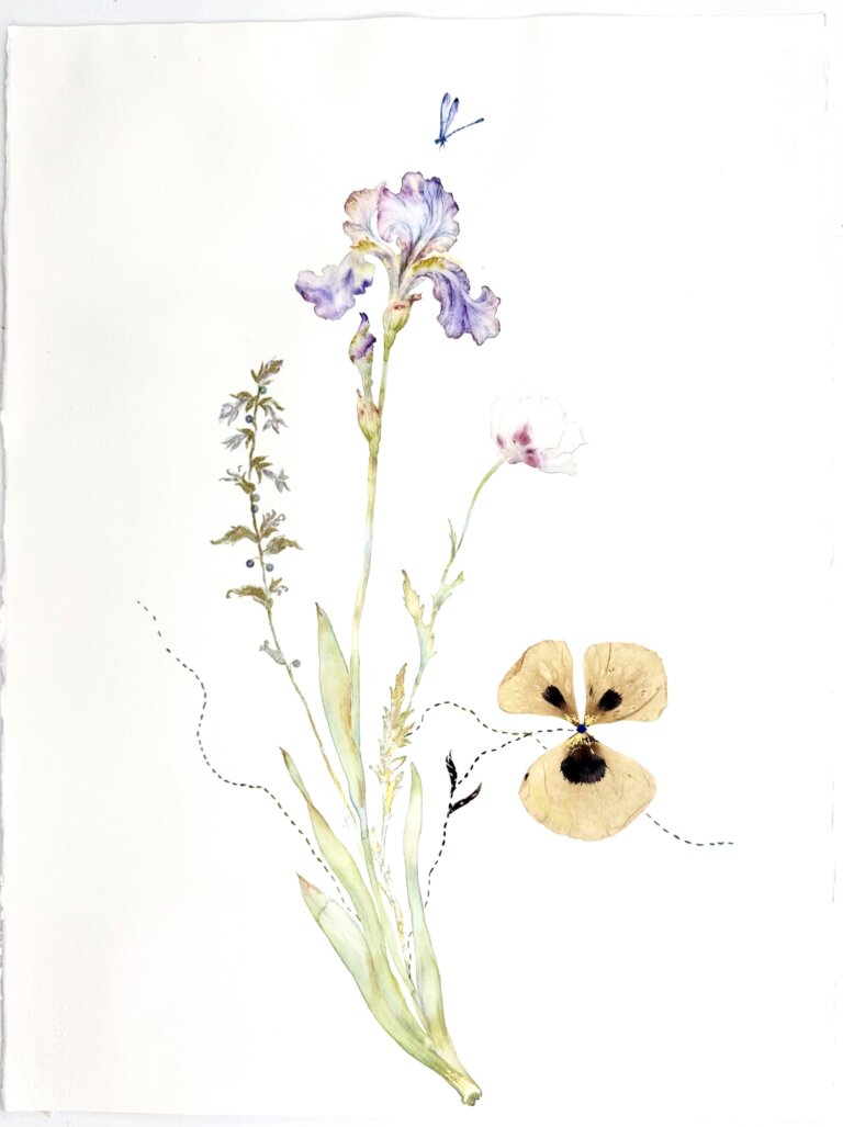 an abstract floral watercolor with collage elements featuring several blooms on a single stem. there are dried floral elements and stitching that accent this piece and take it from a delicate botanical to a moving abstraction of nature.