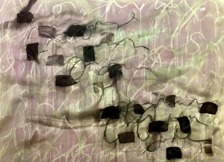 an abstract art piece with a pale purple background and looping scrolls of pale yellow writing-lines that do not say anything in particular. the foreground has a mass of black and gray rectangular shapes that migrate from the top left corner to the bottom right. there are a few loops of the calligraphic linework in black as well.