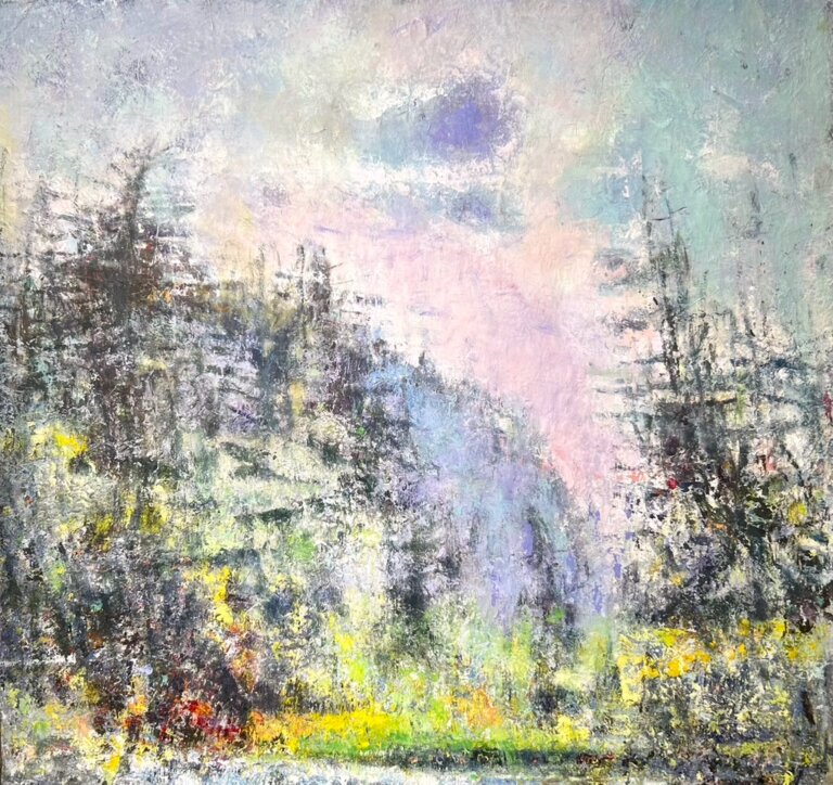 an abstract landscape with a green field and dark trees and vague mountainous shapes in lavender and periwinkle in the background beneath a hazy sky. no shape is clearly defined.