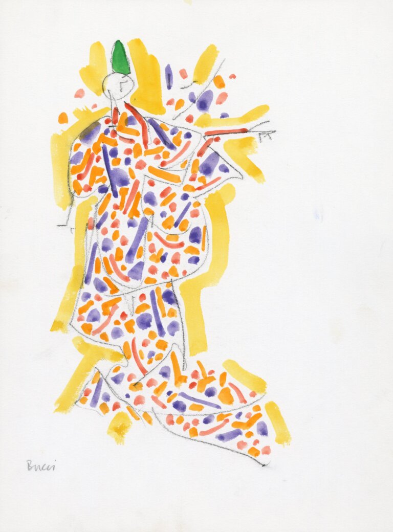 an abstract painting of a figure with a long garment covered in small purple and orange dots and dashes. there is a yellow outline around the figure. the artist's signature, reading "bucci", is in pencil in the bottom left corner