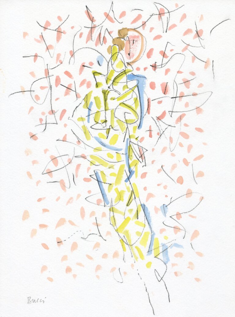 an abstract painting of a figure in a chartreuse robe with blue accents. there are peach colored dots around the figure like confetti. the artist's signature, reading "bucci", is in pencil in the bottom left corner