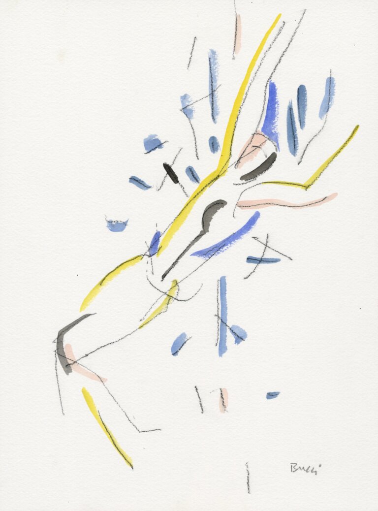 an abstract painting of a figure in charcoal with yellow and blue accents. there are peach tones as well that denote skin. the artist's signature, reading "bucci", is in pencil in the bottom right corner