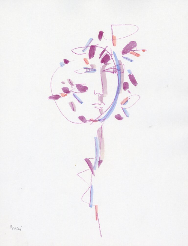 an abstract portrait of a face in pencil with magenta, peach, and powder blue accents. the artist's signature, reading "bucci", is in pencil in the bottom left corner