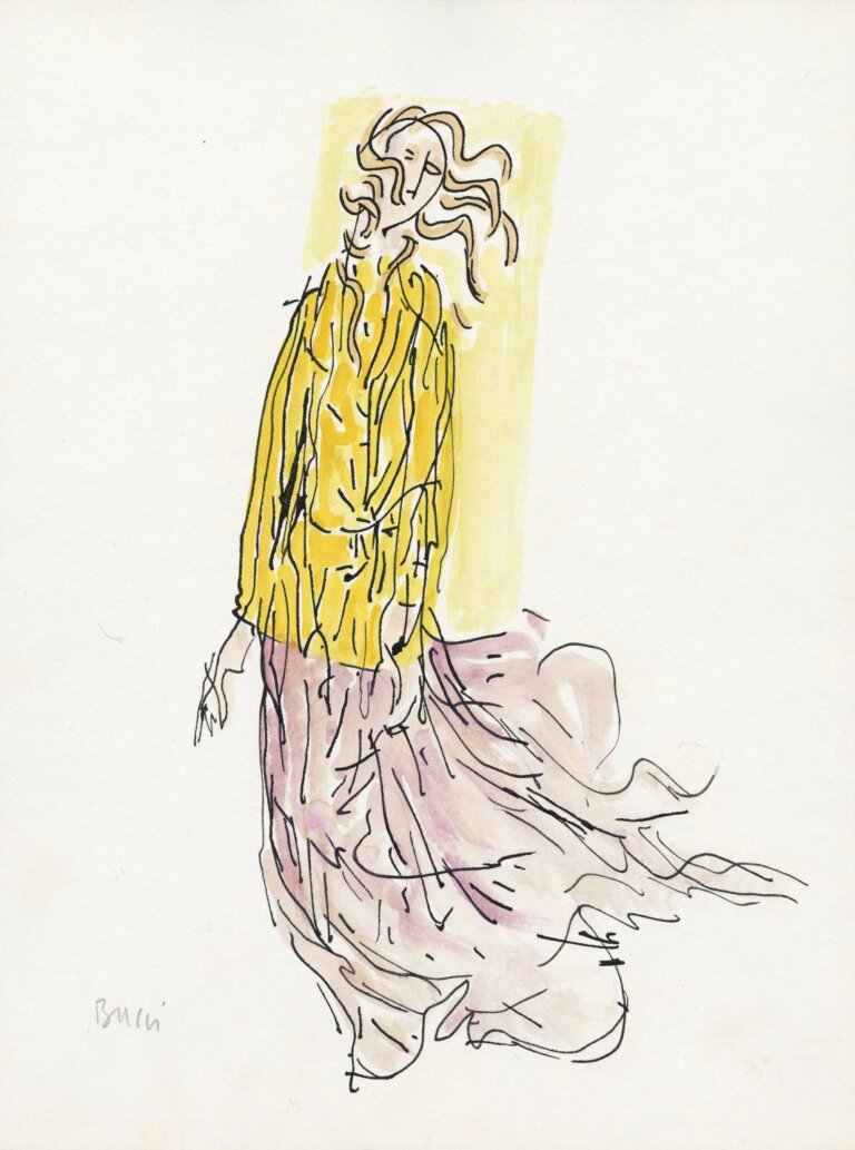 a portrait of a woman standing against a white background. she is drawn in black with a purple fluttering skirt and a yellow jacket. her hair is blond and blown to one side, as if by the wind. there is a faint yellow rectangle behind her. the artist's signature, reading "bucci", is in pencil in the bottom left corner