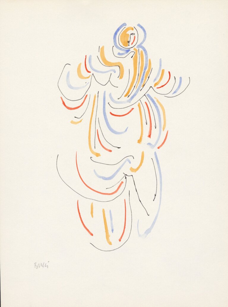 an abstract portrait fo a figure wearing a gown made of swooping lines of black, orange, red, and periwinkle. the artist's signature, reading "bucci", is in pencil in the bottom left corner