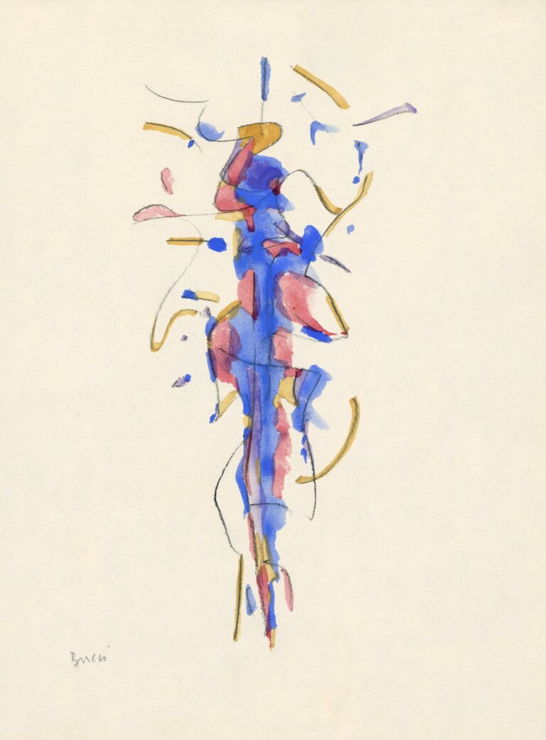 an abstract figurative painting with a central blue shape that could be the outline of a person. there are soft red details along with swirling marks in yellow ochre and cobalt blue. the artist's signature, reading "bucci", is in pencil in the bottom left corner