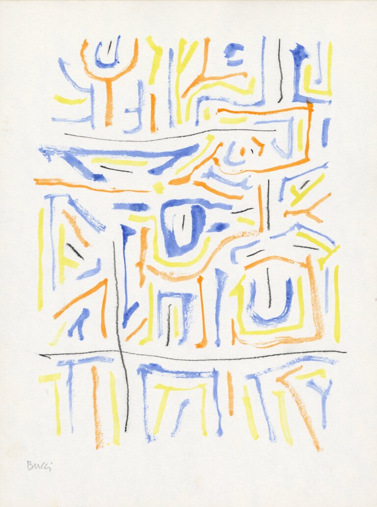 an abstract pattern of lines in cobalt blue, orange, and lemon yellow with accents of thin black pencil. the lines do not touch or intersect, but form around each other. the artist's signature, reading "bucci", is in pencil in the bottom left corner